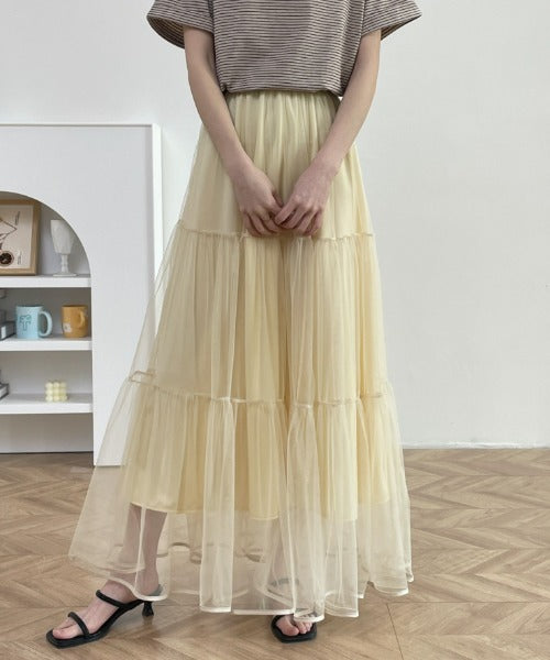 パイピングボリュームチュールティアードロングスカート