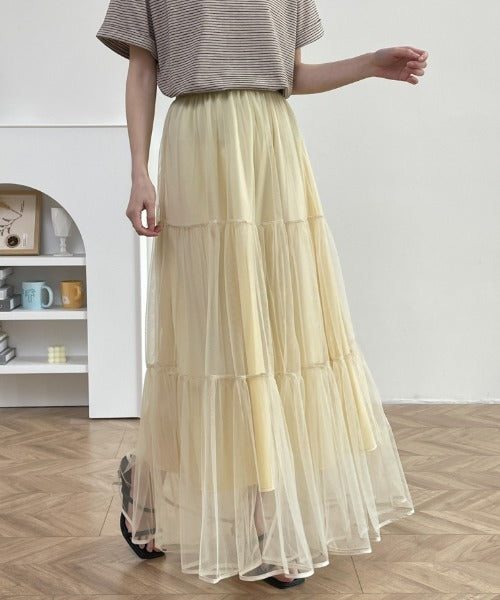 パイピングボリュームチュールティアードロングスカート