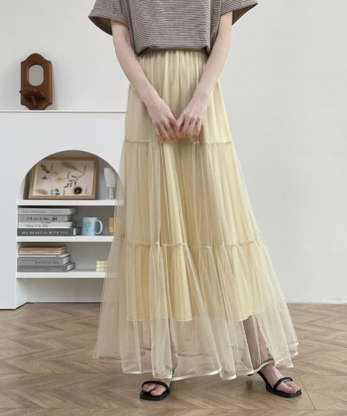 パイピングボリュームチュールティアードロングスカート