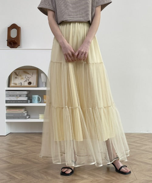 パイピングボリュームチュールティアードロングスカート