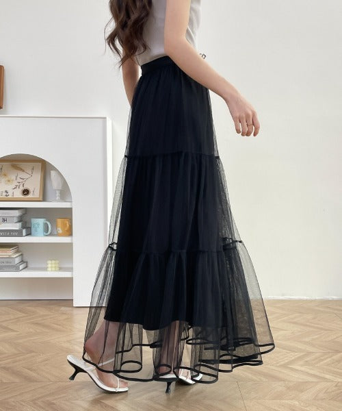 パイピングボリュームチュールティアードロングスカート