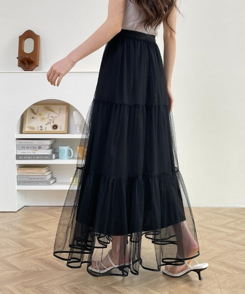 パイピングボリュームチュールティアードロングスカート