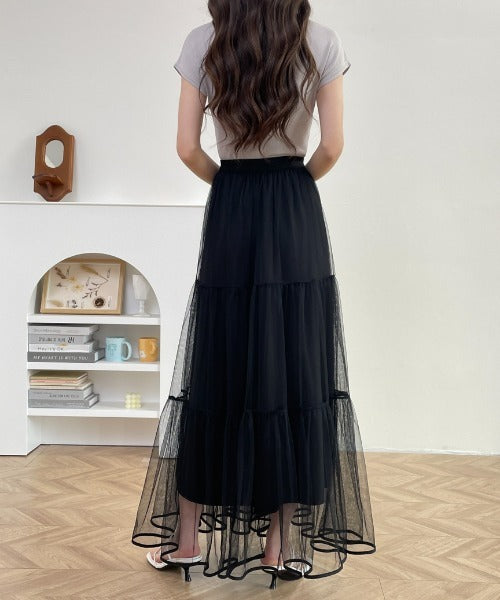 パイピングボリュームチュールティアードロングスカート