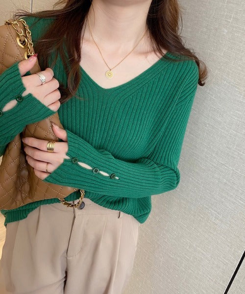 袖ボタンVネック/Uネックリブニットトップス