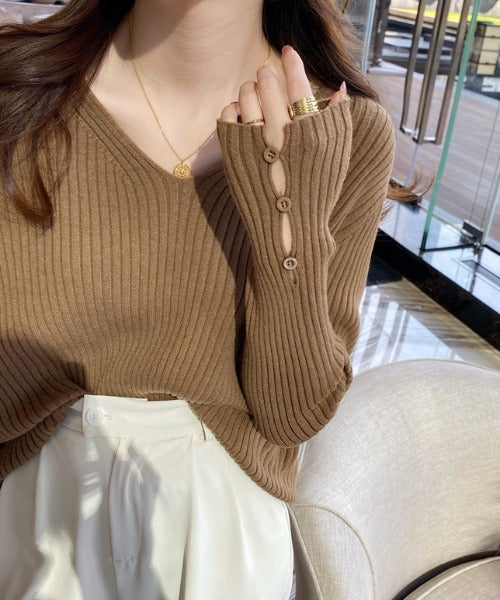 袖ボタンVネック/Uネックリブニットトップス