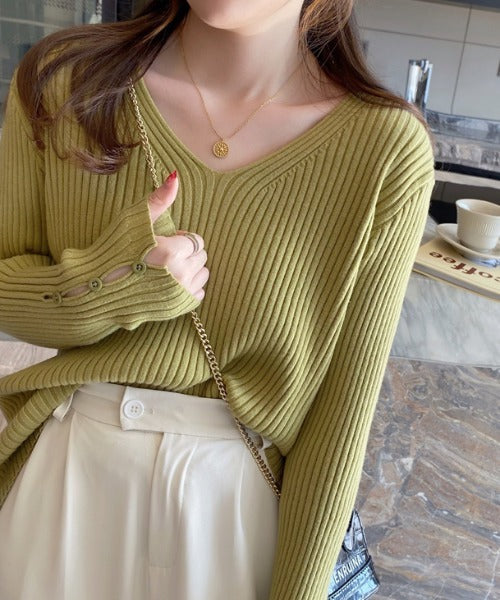 袖ボタンVネック/Uネックリブニットトップス