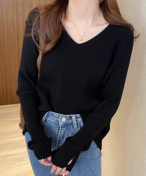 袖ボタンVネック/Uネックリブニットトップス