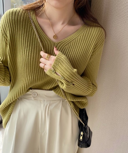 袖ボタンVネック/Uネックリブニットトップス