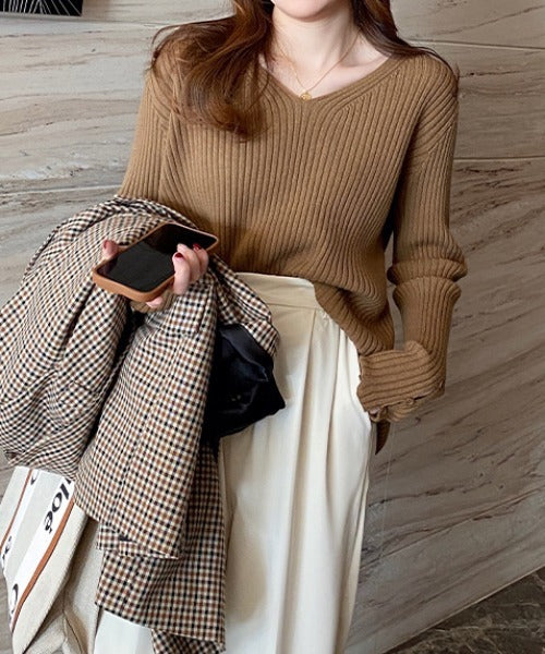 袖ボタンVネック/Uネックリブニットトップス