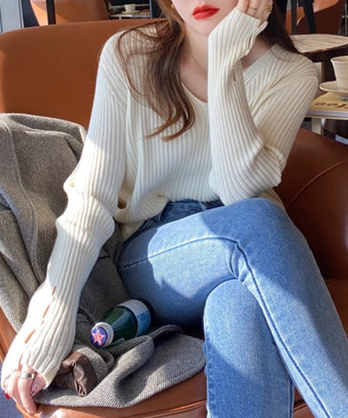 袖ボタンVネック/Uネックリブニットトップス