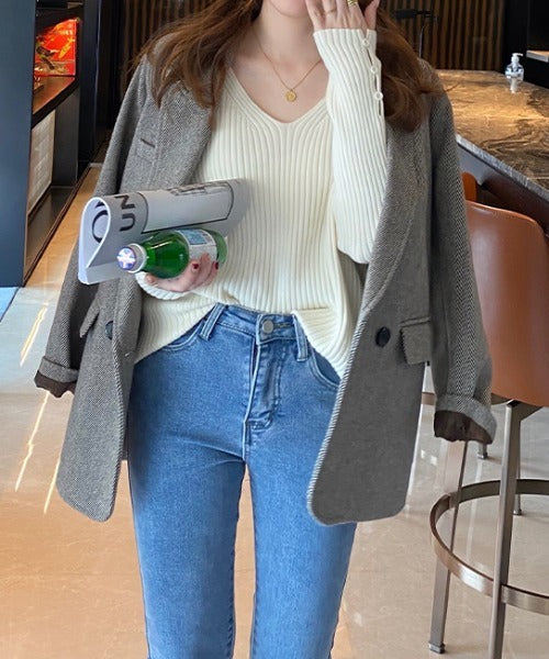 袖ボタンVネック/Uネックリブニットトップス
