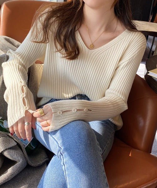 袖ボタンVネック/Uネックリブニットトップス