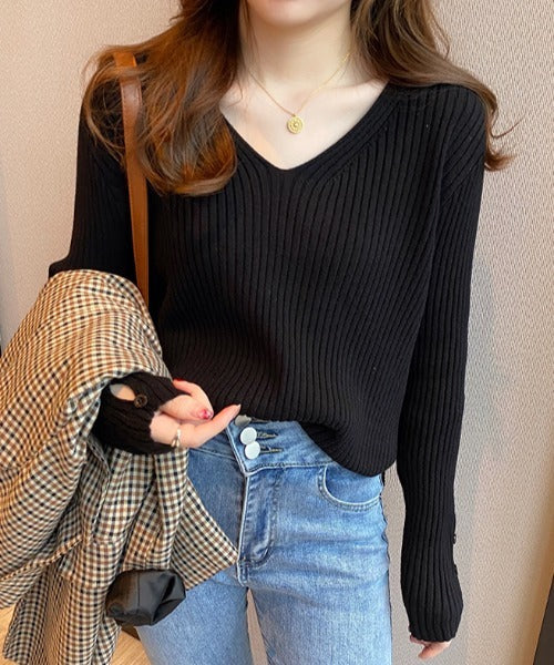 袖ボタンVネック/Uネックリブニットトップス