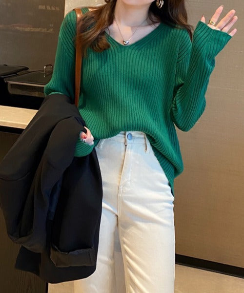 袖ボタンVネック/Uネックリブニットトップス