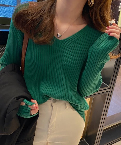 袖ボタンVネック/Uネックリブニットトップス