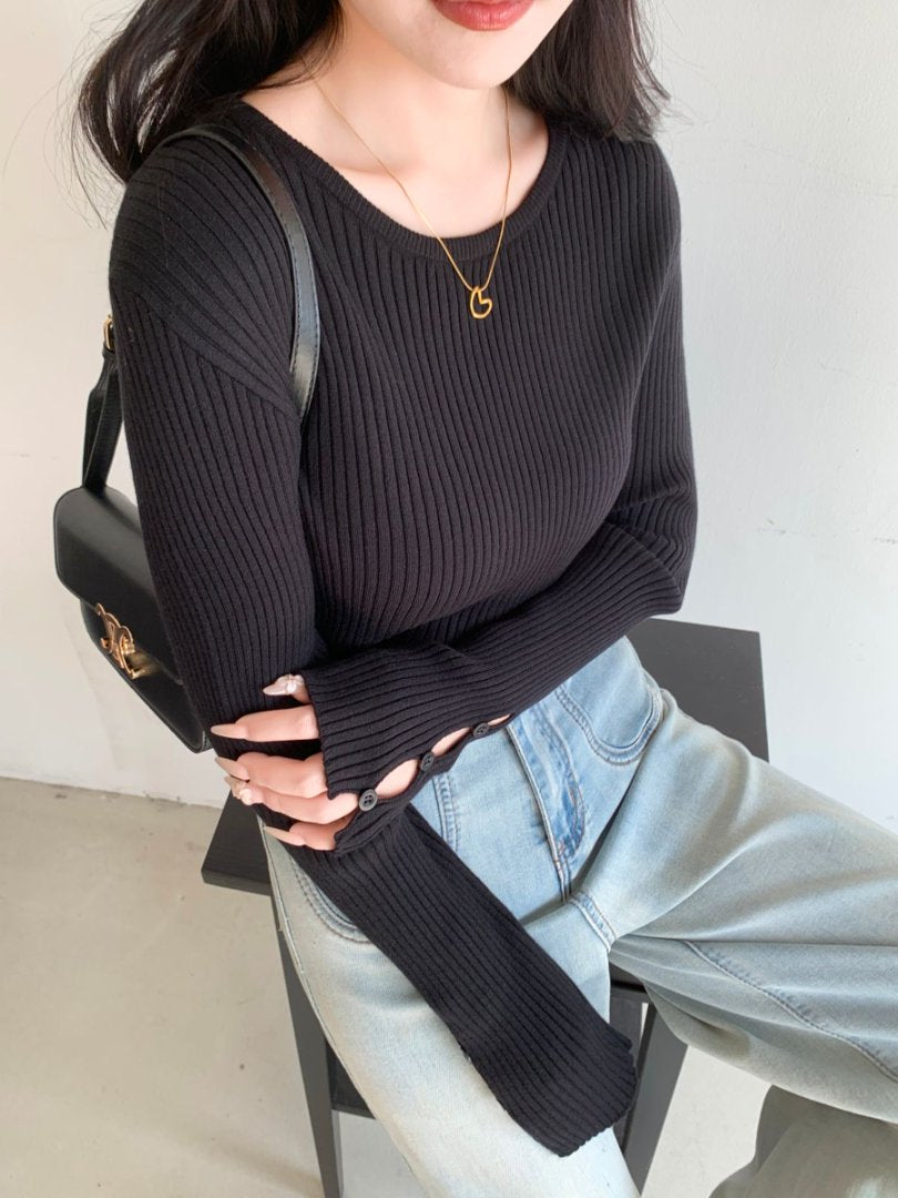 袖ボタンVネック/Uネックリブニットトップス