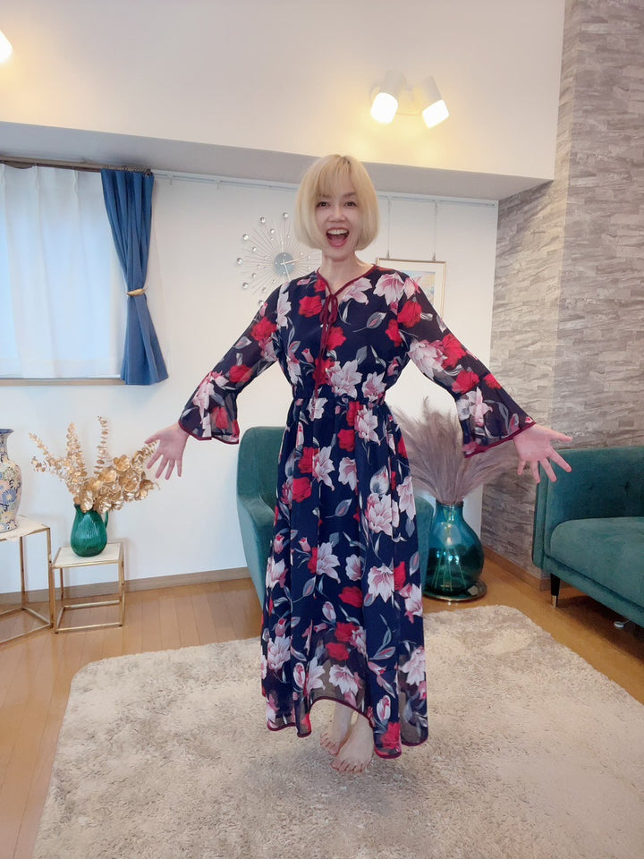 配色パイピング花柄ワンピース