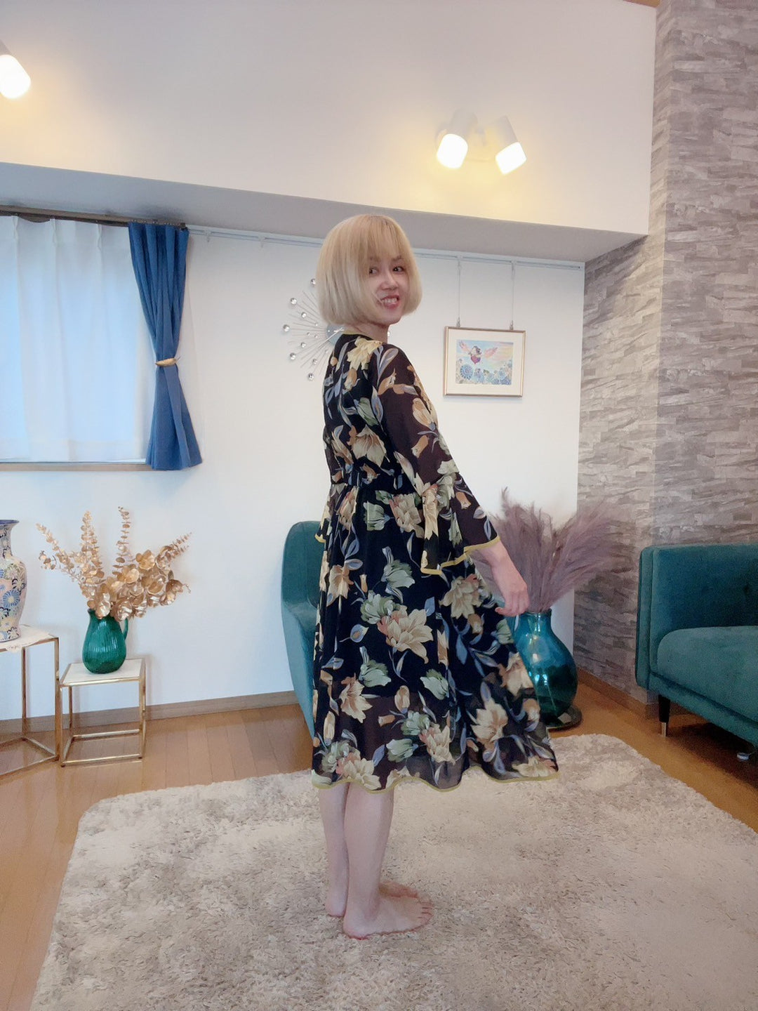 配色パイピング花柄ワンピース