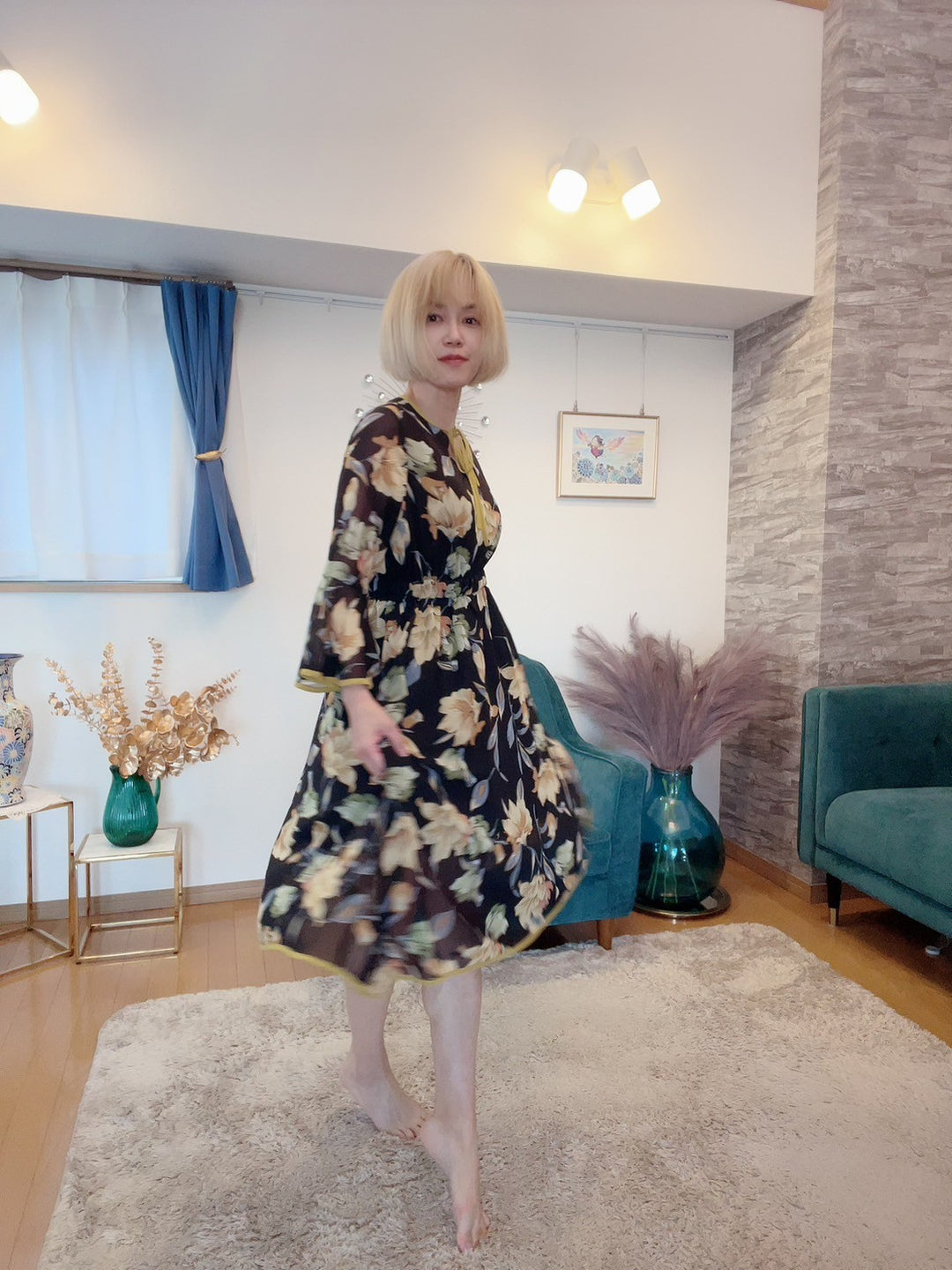 配色パイピング花柄ワンピース