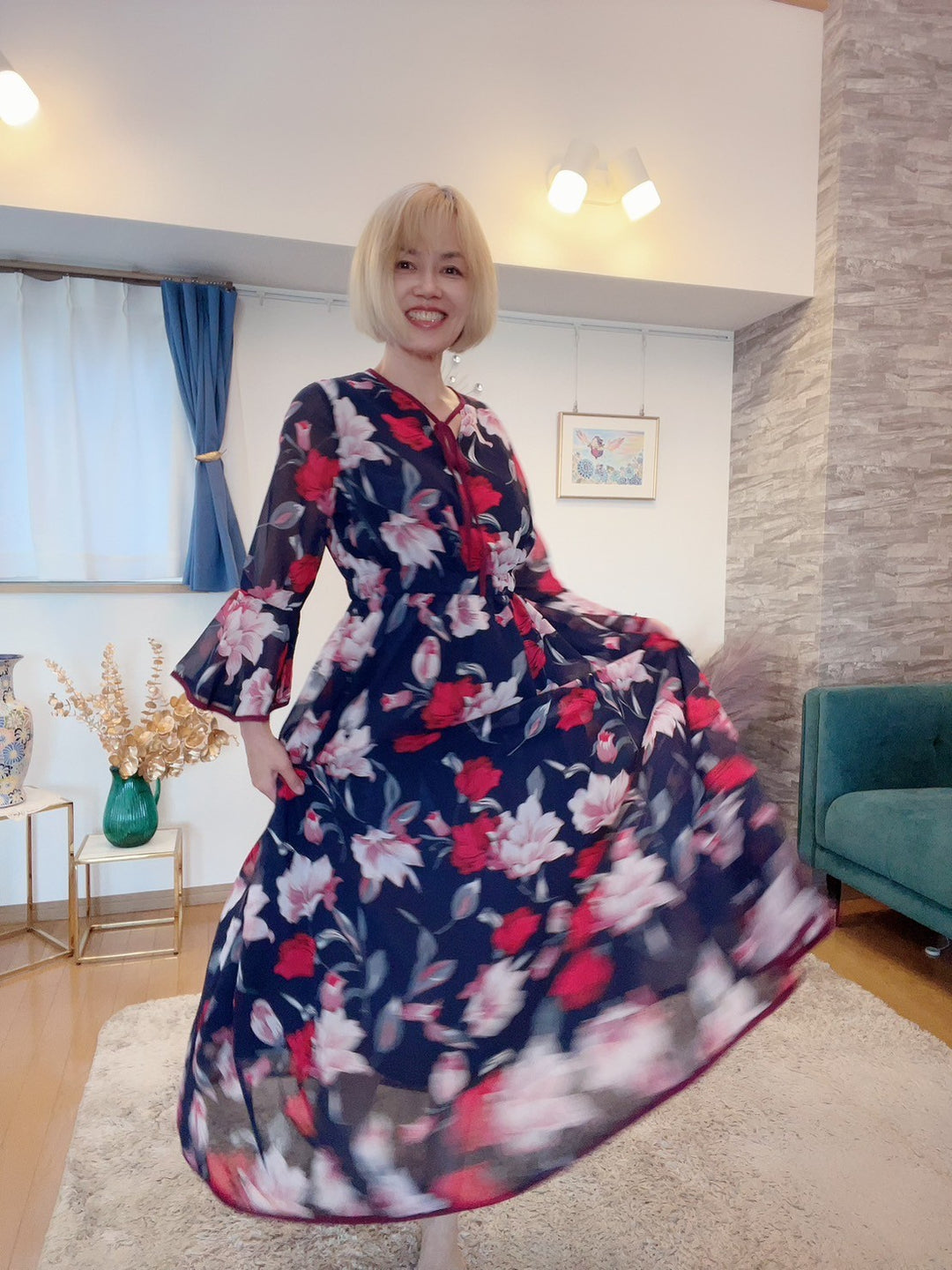 配色パイピング花柄ワンピース