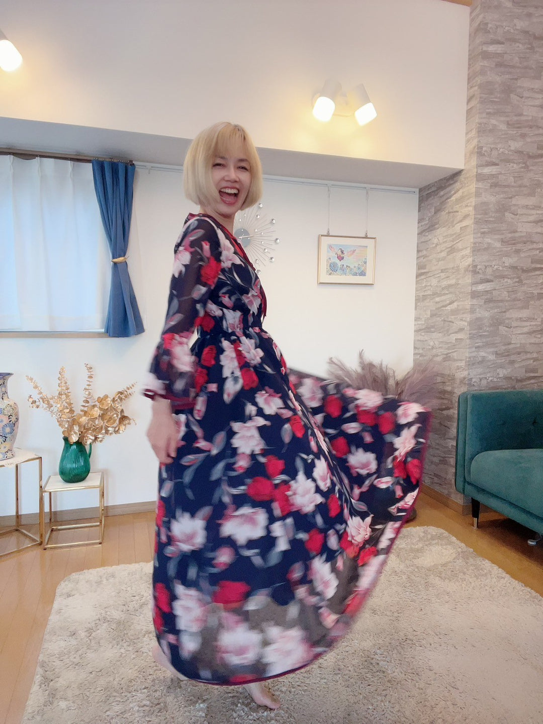 配色パイピング花柄ワンピース