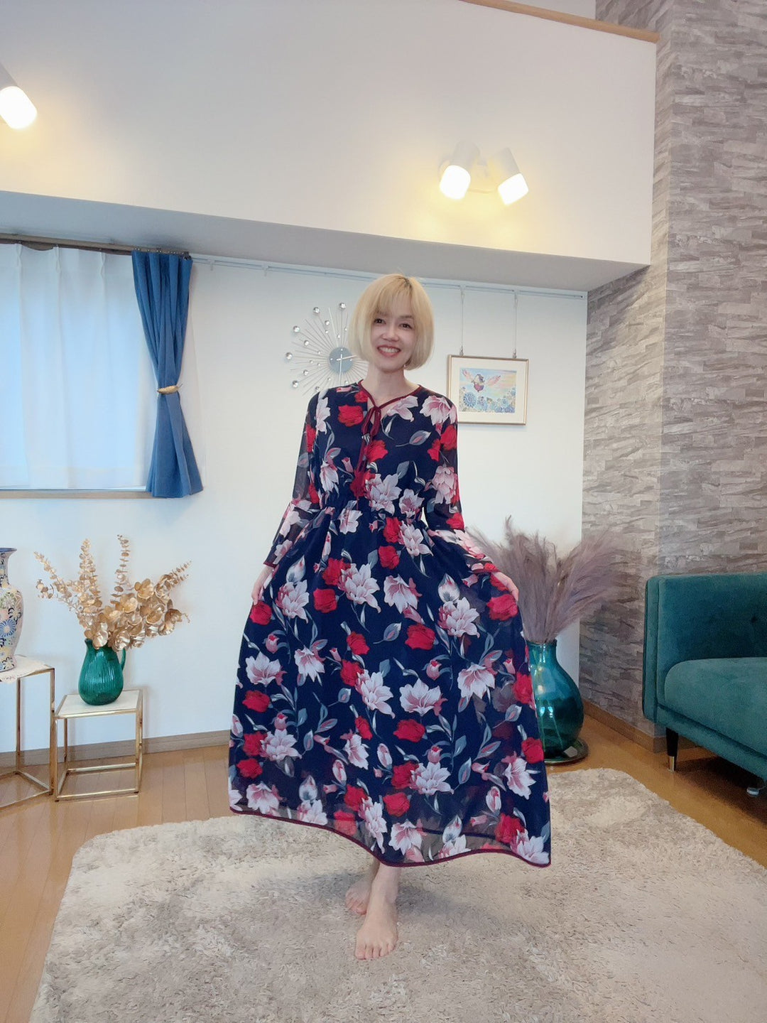 配色パイピング花柄ワンピース