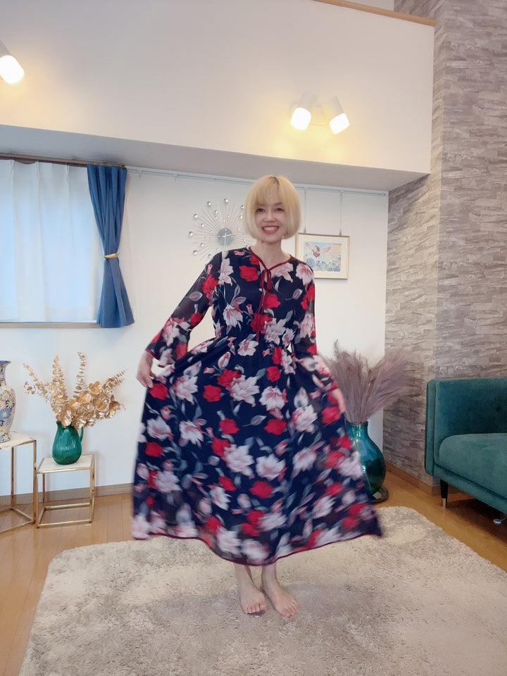 配色パイピング花柄ワンピース