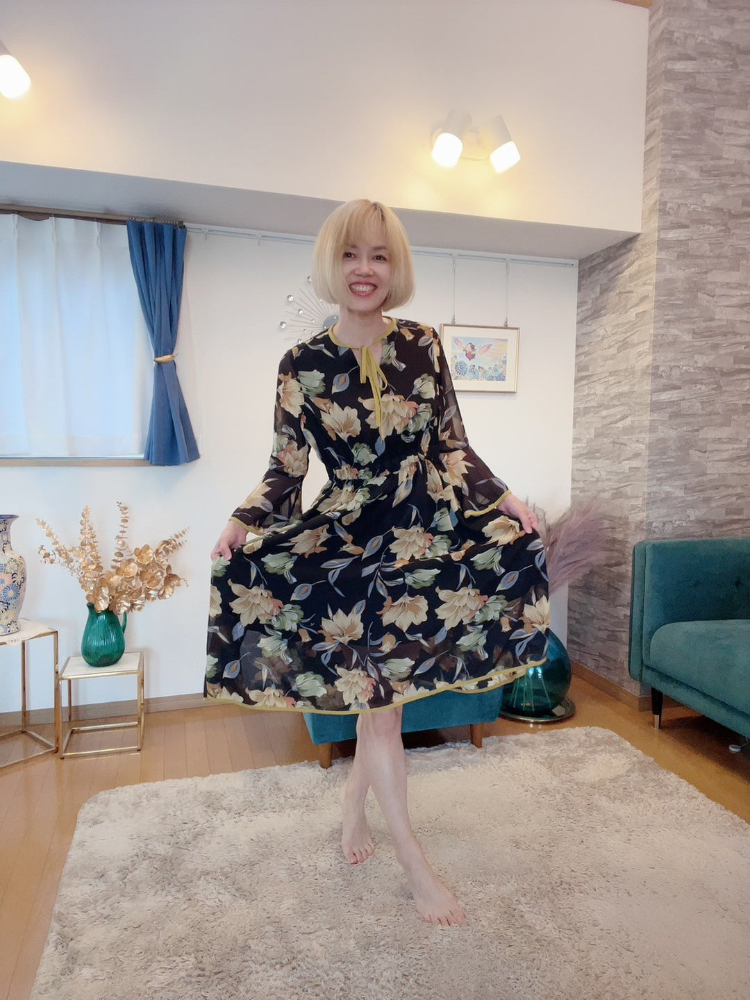 配色パイピング花柄ワンピース