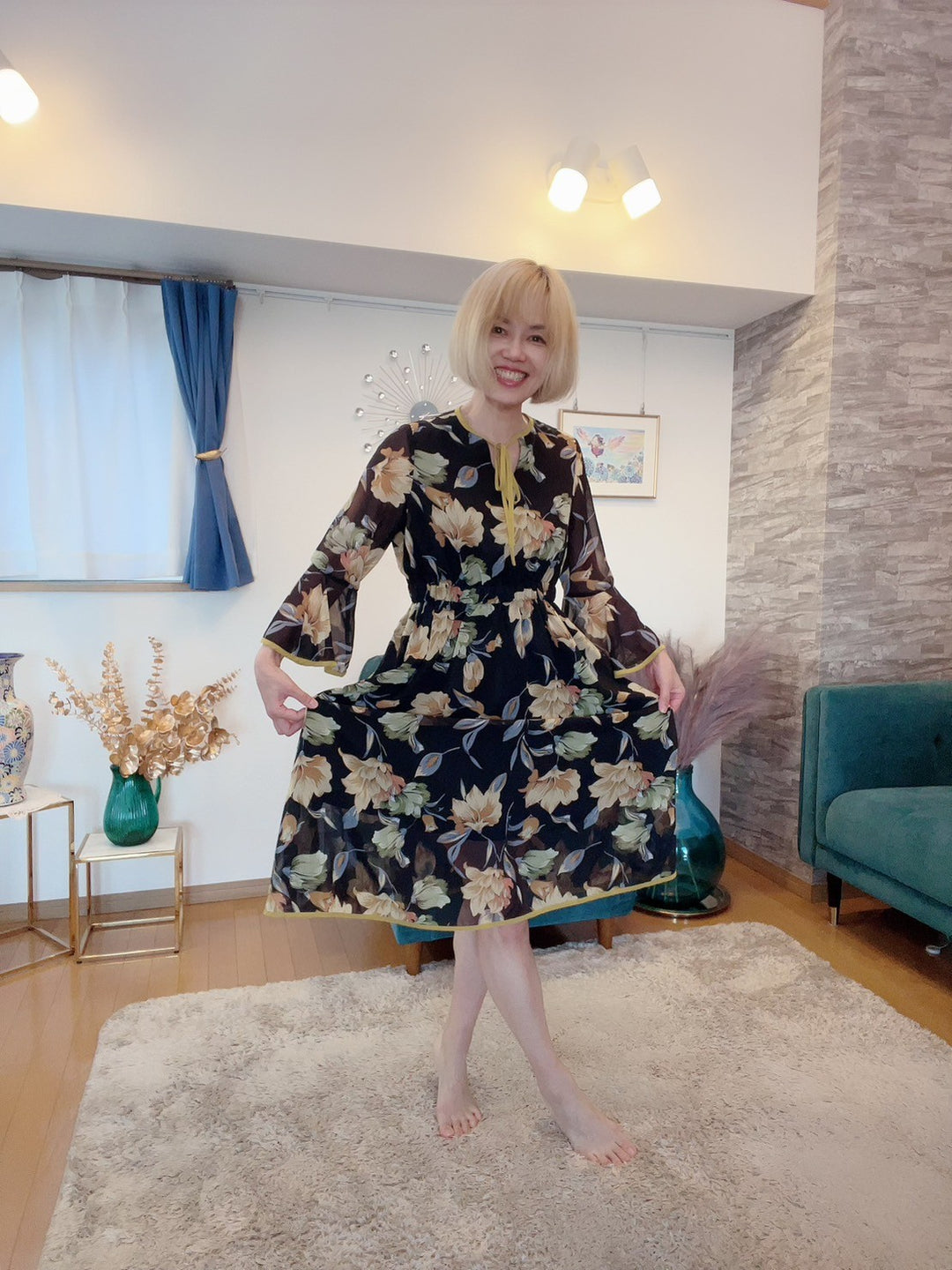 配色パイピング花柄ワンピース