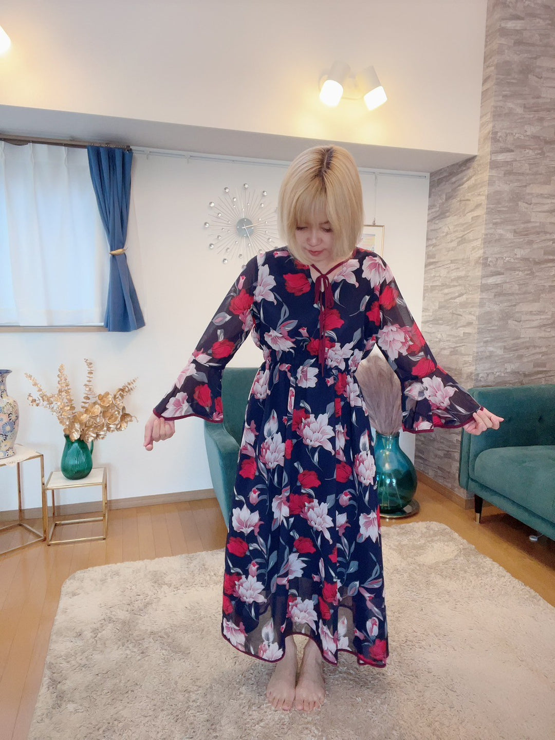 配色パイピング花柄ワンピース