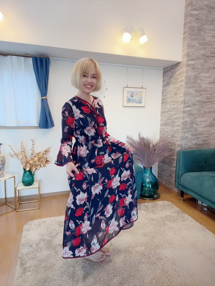 配色パイピング花柄ワンピース