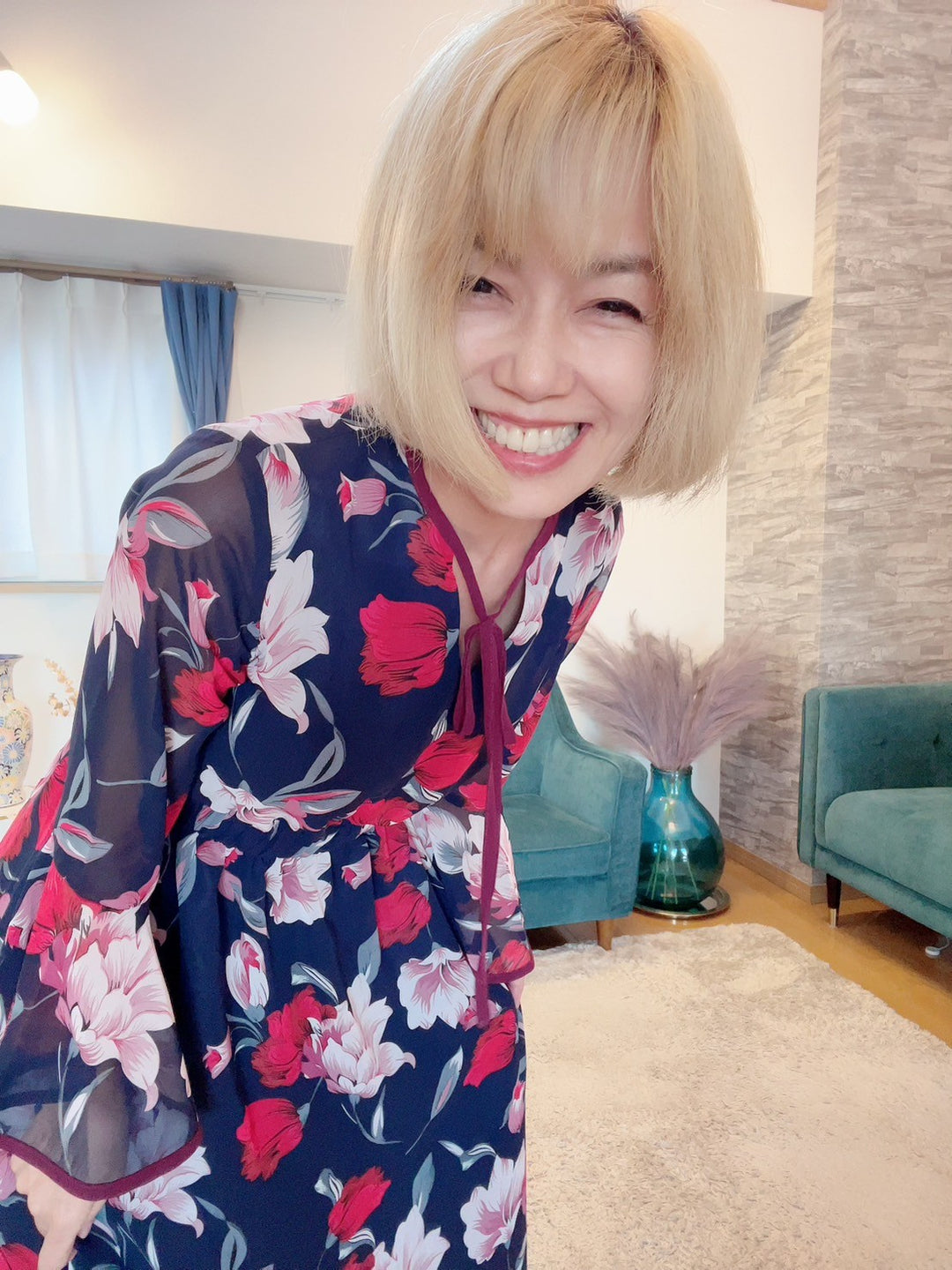 配色パイピング花柄ワンピース