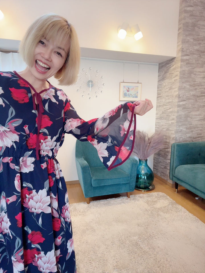 配色パイピング花柄ワンピース