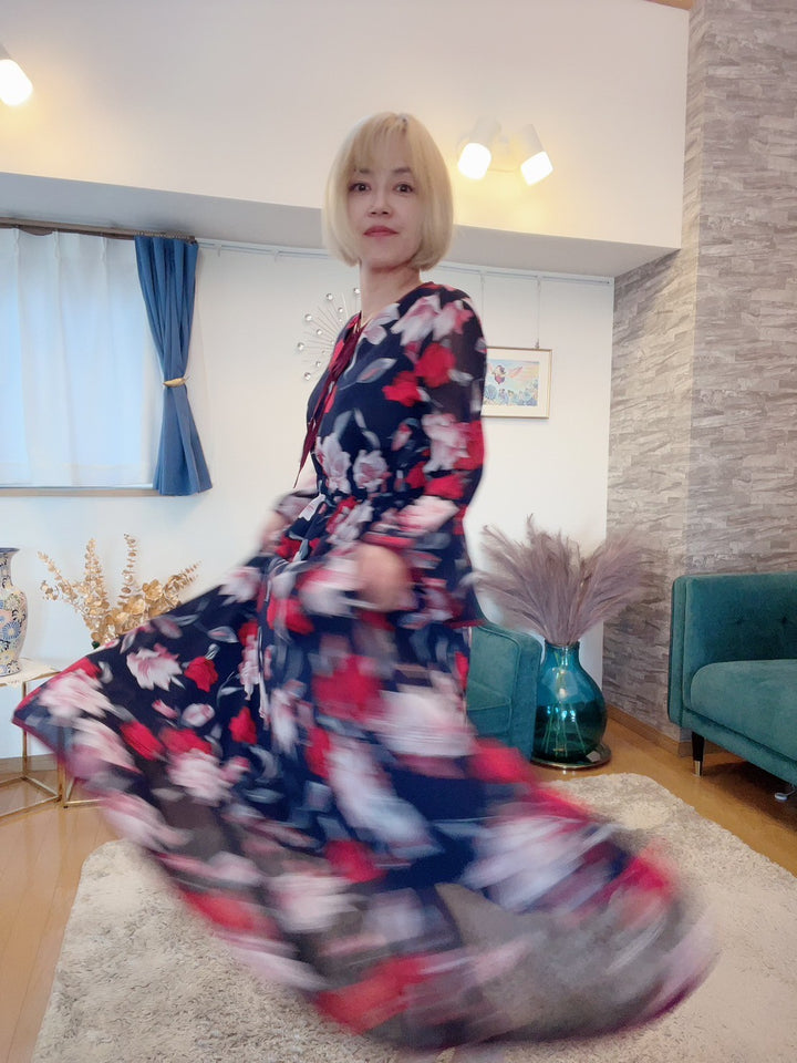 配色パイピング花柄ワンピース