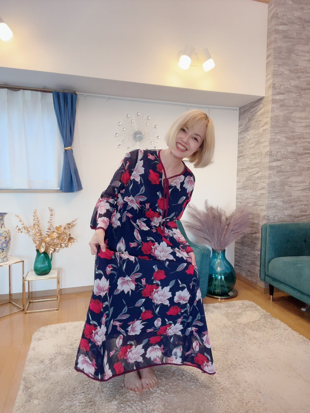 配色パイピング花柄ワンピース