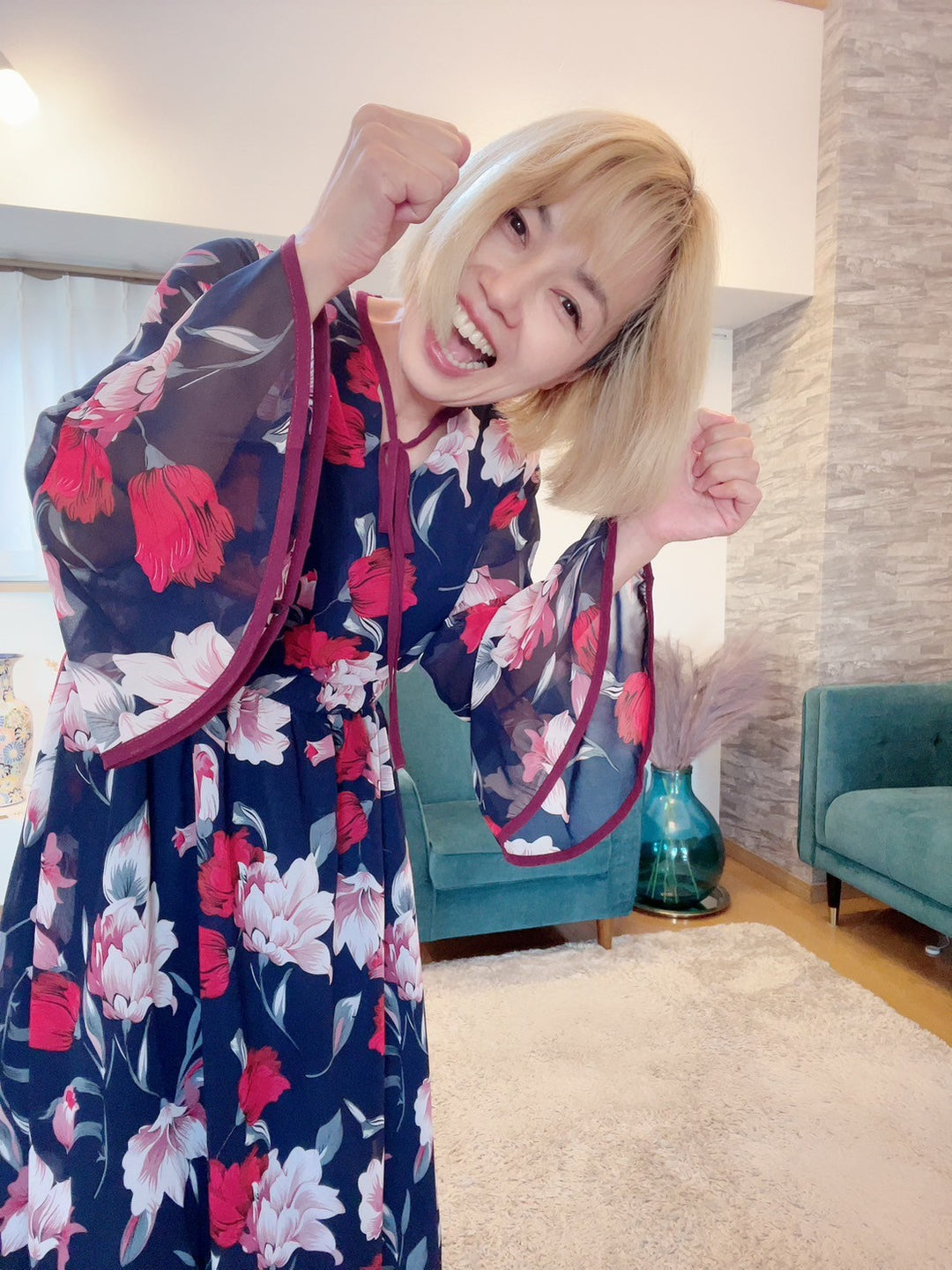 配色パイピング花柄ワンピース